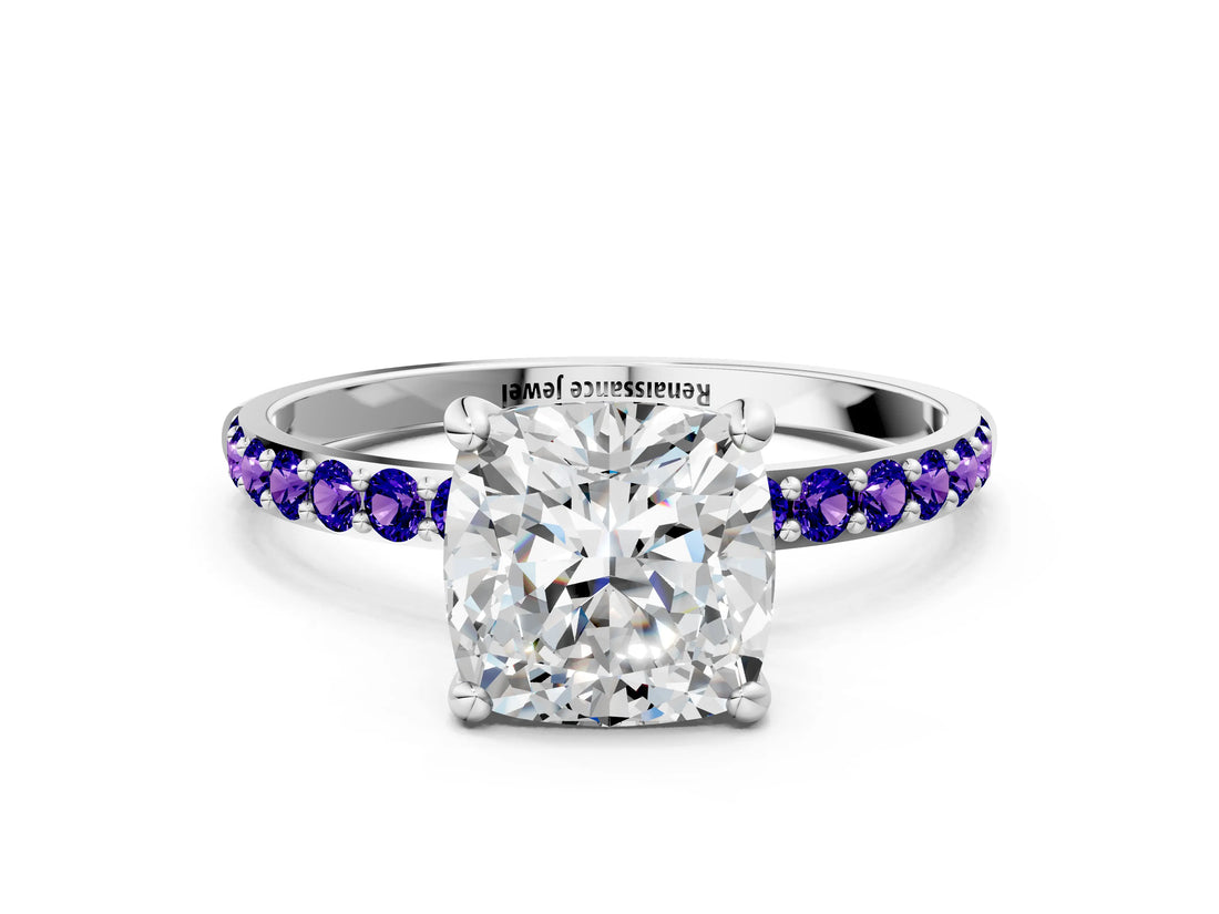 White gold Cushion Cut Diamond Solitaire Ring with Round with Tanzanite side stone Pavé Band and Prong Setting