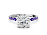 White gold Cushion Cut Diamond Solitaire Ring with Round with Tanzanite side stone Pavé Band and Prong Setting