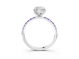 White gold Cushion Cut Diamond Solitaire Ring with Round with Tanzanite side stone Pavé Band and Prong Setting_3