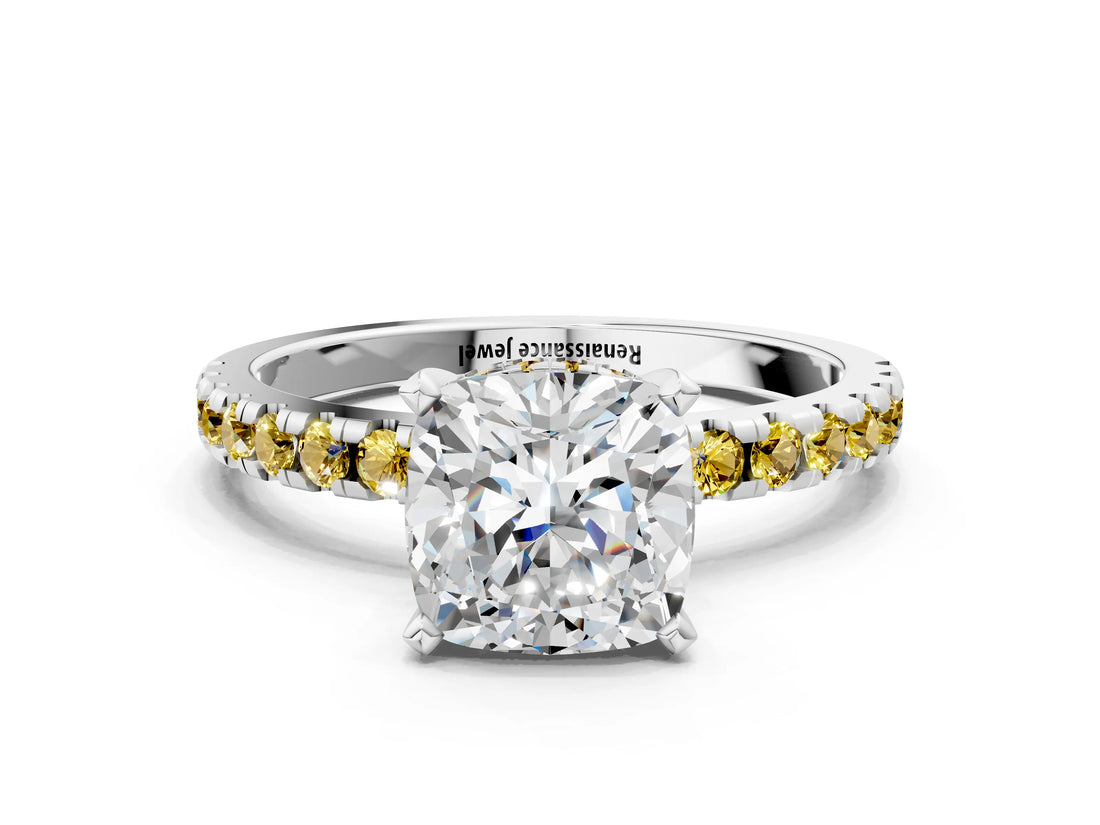 White gold Cushion Cut Diamond Solitaire Ring with Round with Yellow Sapphire side stone Pavé Band and Four-Prong Setting