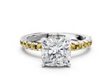White gold Cushion Cut Diamond Solitaire Ring with Round with Yellow Sapphire side stone Pavé Band and Four-Prong Setting_12