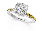 White gold Cushion Cut Diamond Solitaire Ring with Round with Yellow Sapphire side stone Pavé Band and Four-Prong Setting_37
