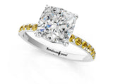 White gold Cushion Cut Diamond Solitaire Ring with Round with Yellow Sapphire side stone Pavé Band and Prong Setting_25