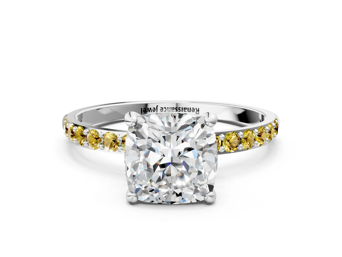 White gold Cushion Cut Diamond Solitaire Ring with Round with Yellow Sapphire side stone Pavé Band and Prong Setting_48