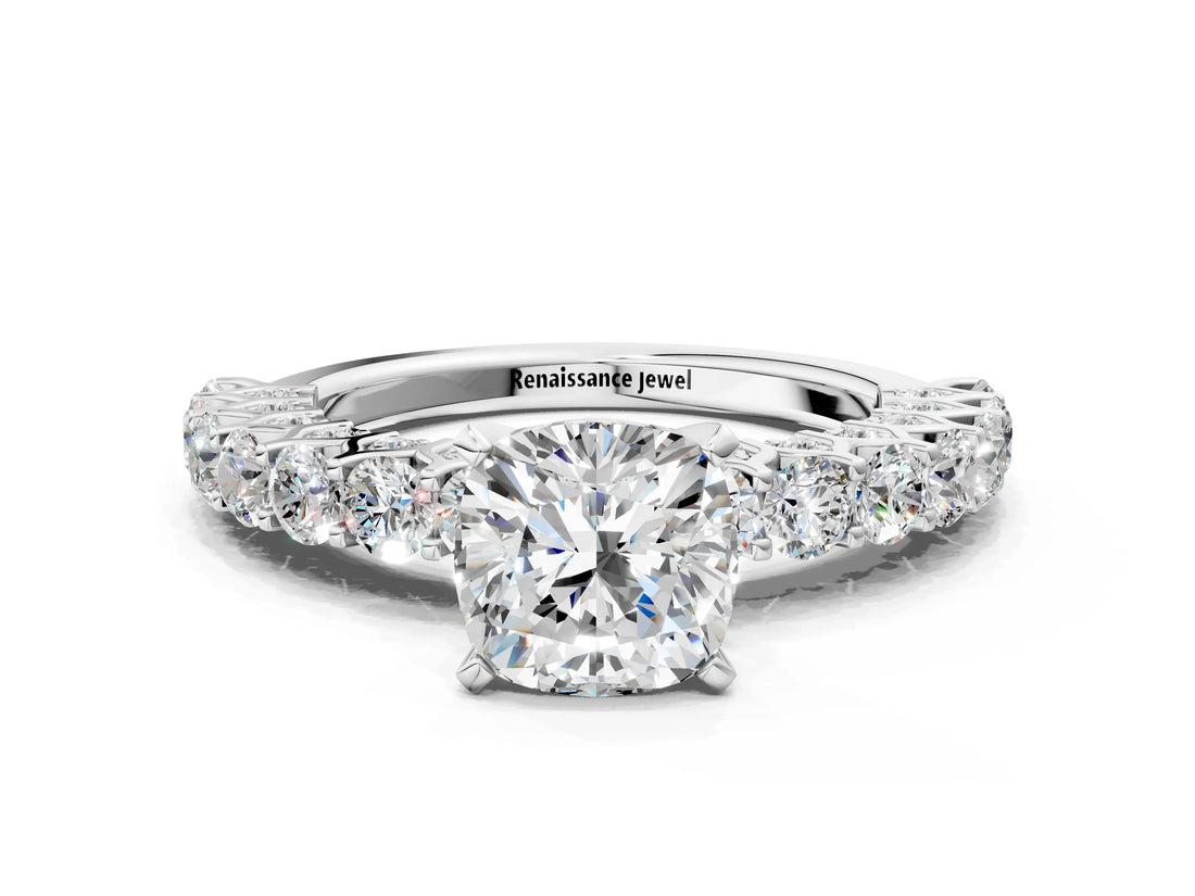 White gold Cushion Cut Diamond Solitaire Ring with Shared Prong Pavé Band and Four-Prong Setting_124