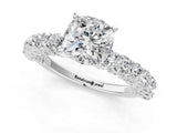 White gold Cushion Cut Diamond Solitaire Ring with Shared Prong Pavé Band and Four-Prong Setting_125