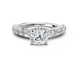 White gold Cushion Cut Diamond Solitaire Ring with Shared Prong Pavé Band and Four-Prong Setting_125