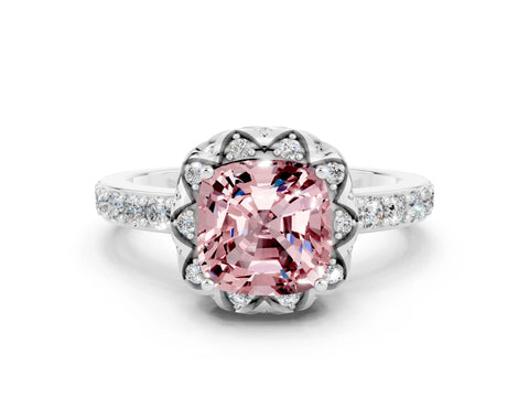 White gold Cushion Cut Diamond Solitaire Ring with Shared Prong Pavé Band