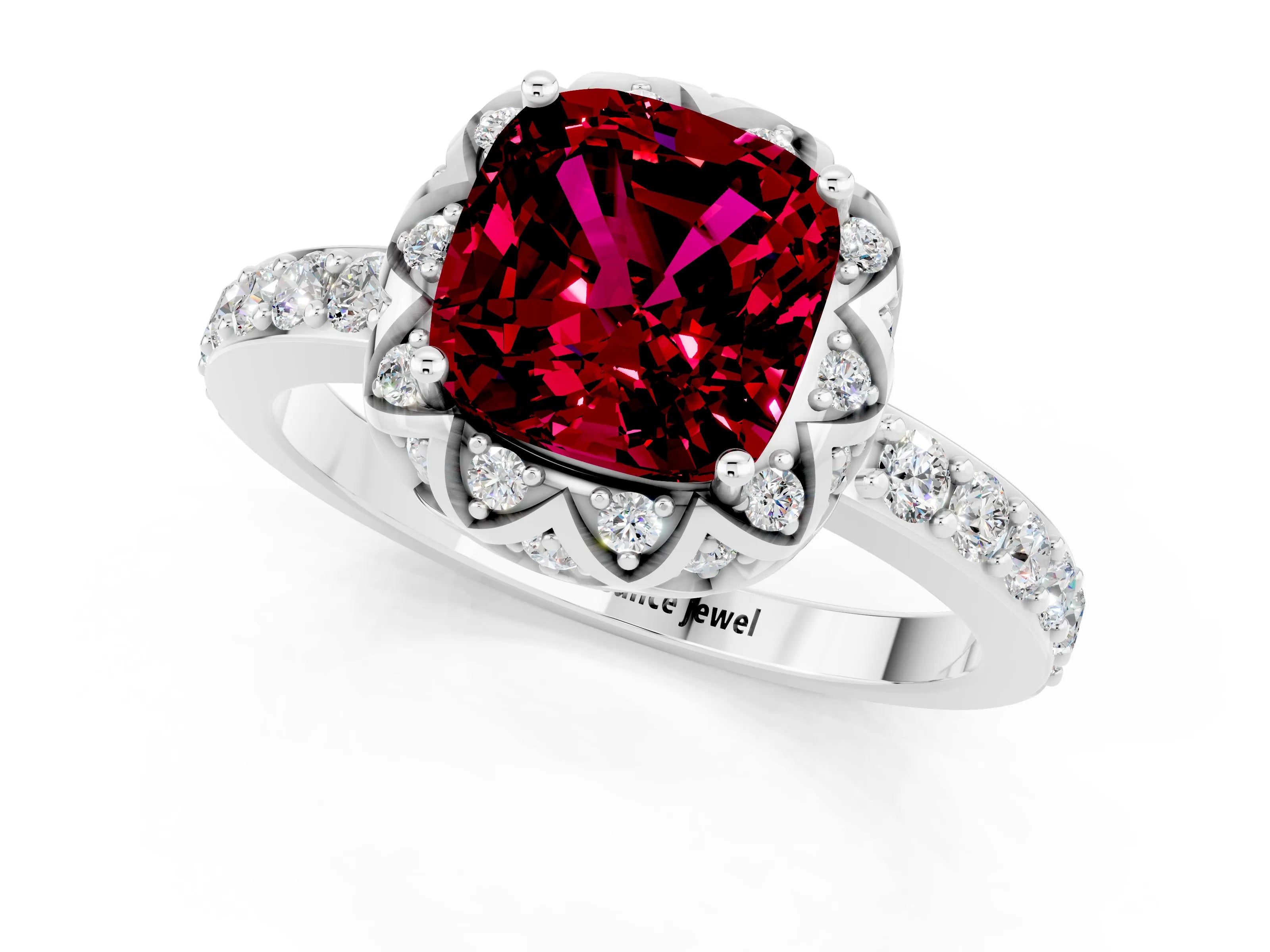 White gold Cushion Cut Diamond Solitaire Ring with Shared Prong Pavé Band_1