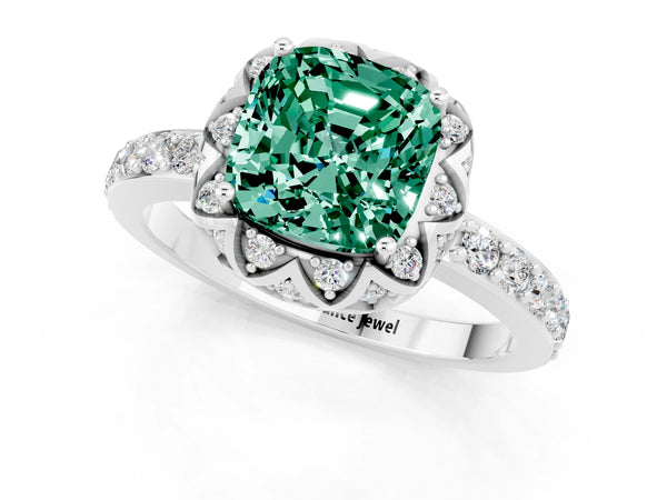 White gold Cushion Cut Green Sapphire Scalloped Halo Engagement Ring with Round Shared Prong Band