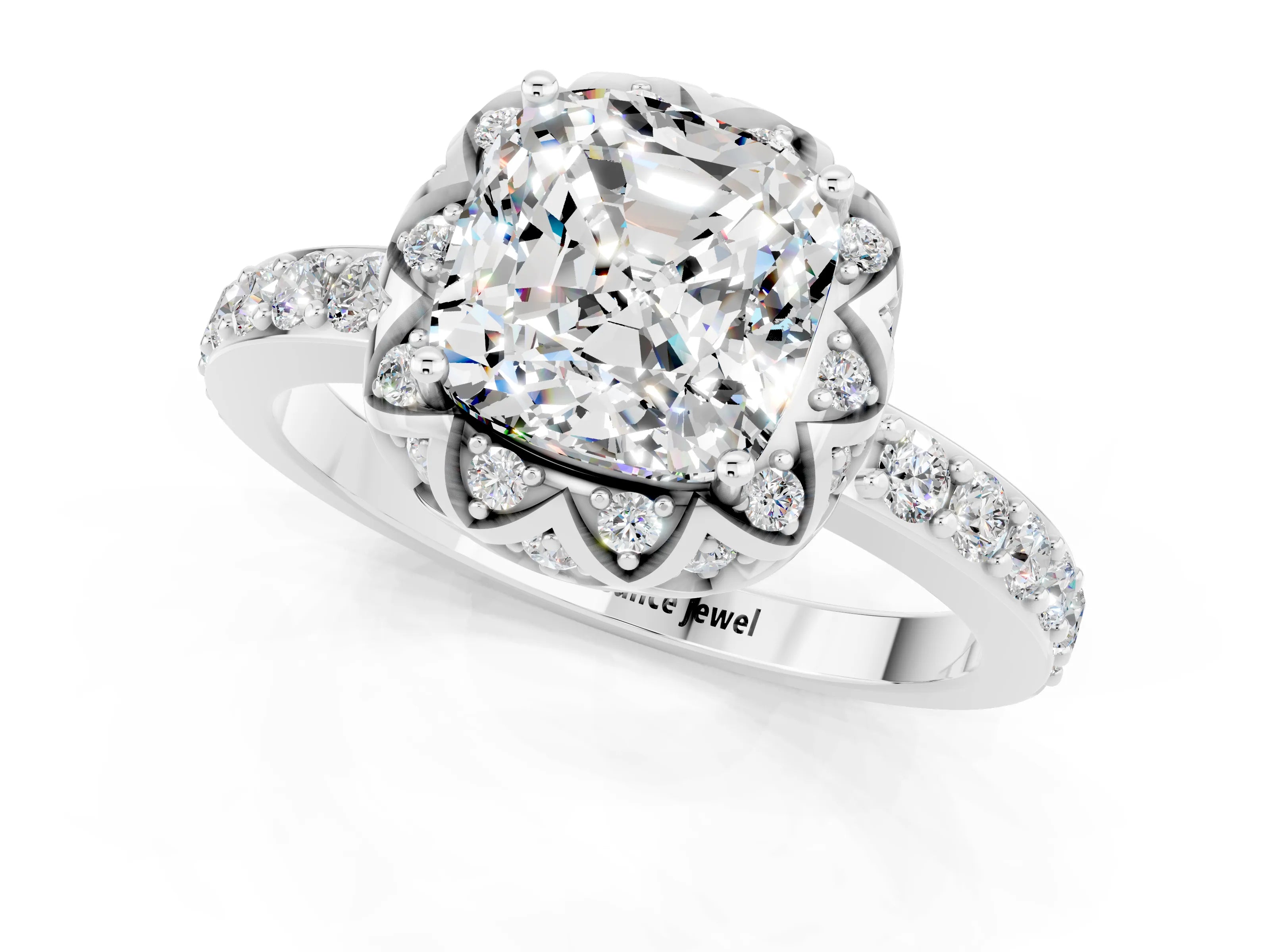 White gold Cushion Cut Diamond Solitaire Ring with Shared Prong Pavé Band_1