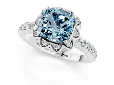 White gold Cushion Cut Diamond Solitaire Ring with Shared Prong Pavé Band_1