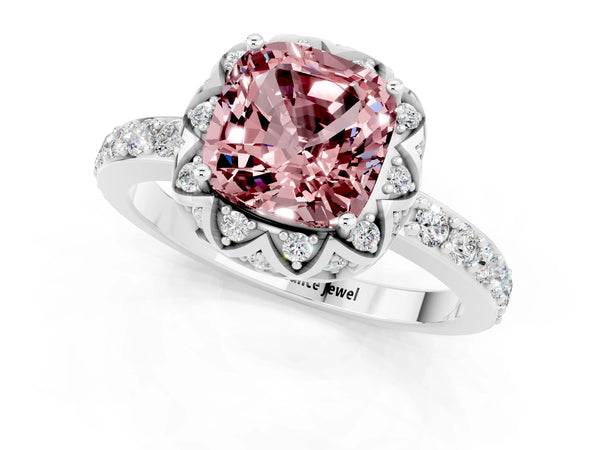 Platinum Cushion Cut Diamond Solitaire Ring with Shared Prong Pavé Band