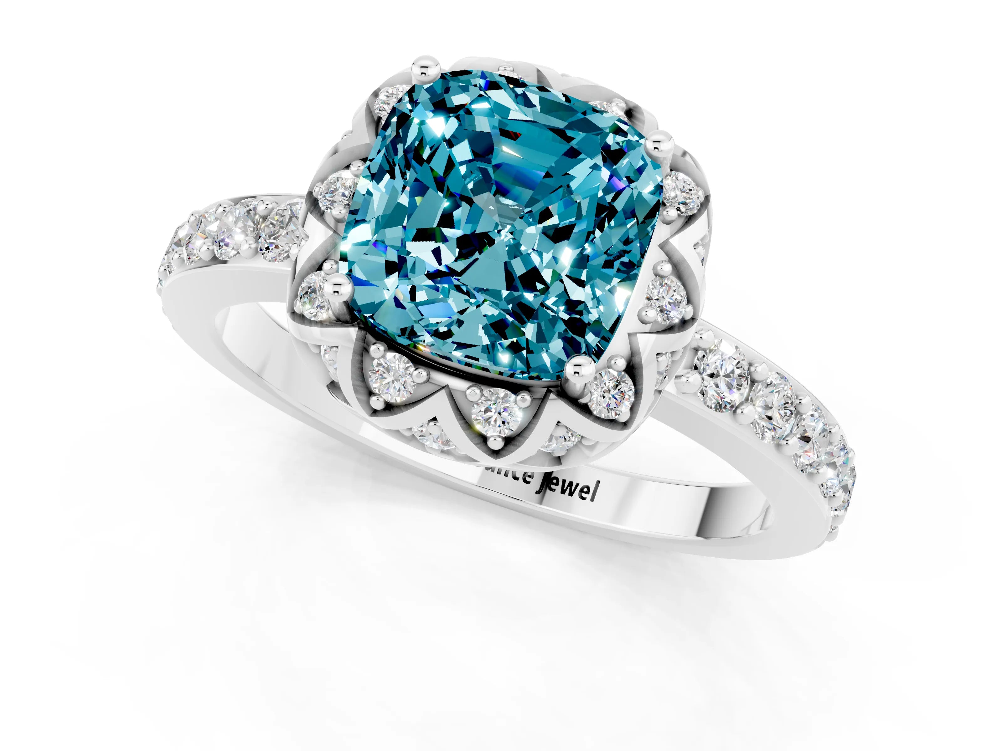 White gold Cushion Cut Diamond Solitaire Ring with Shared Prong Pavé Band_1