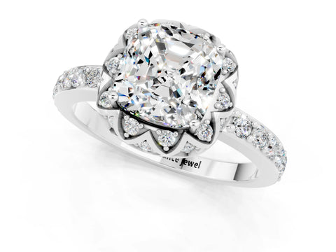 White gold Cushion Cut Diamond Solitaire Ring with Shared Prong Pavé Band_1