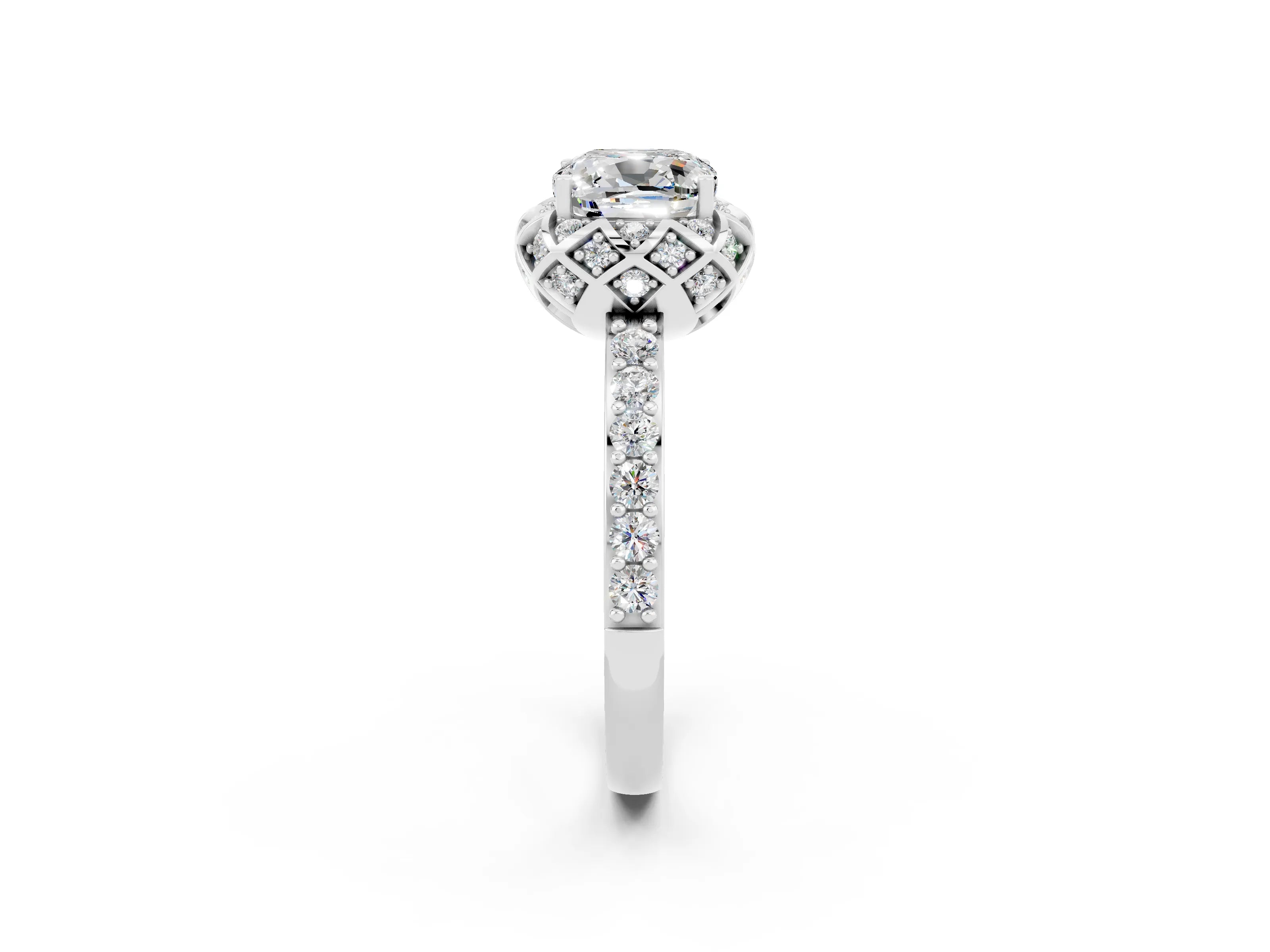 White gold Cushion Cut Diamond Solitaire Ring with Shared Prong Pavé Band_2
