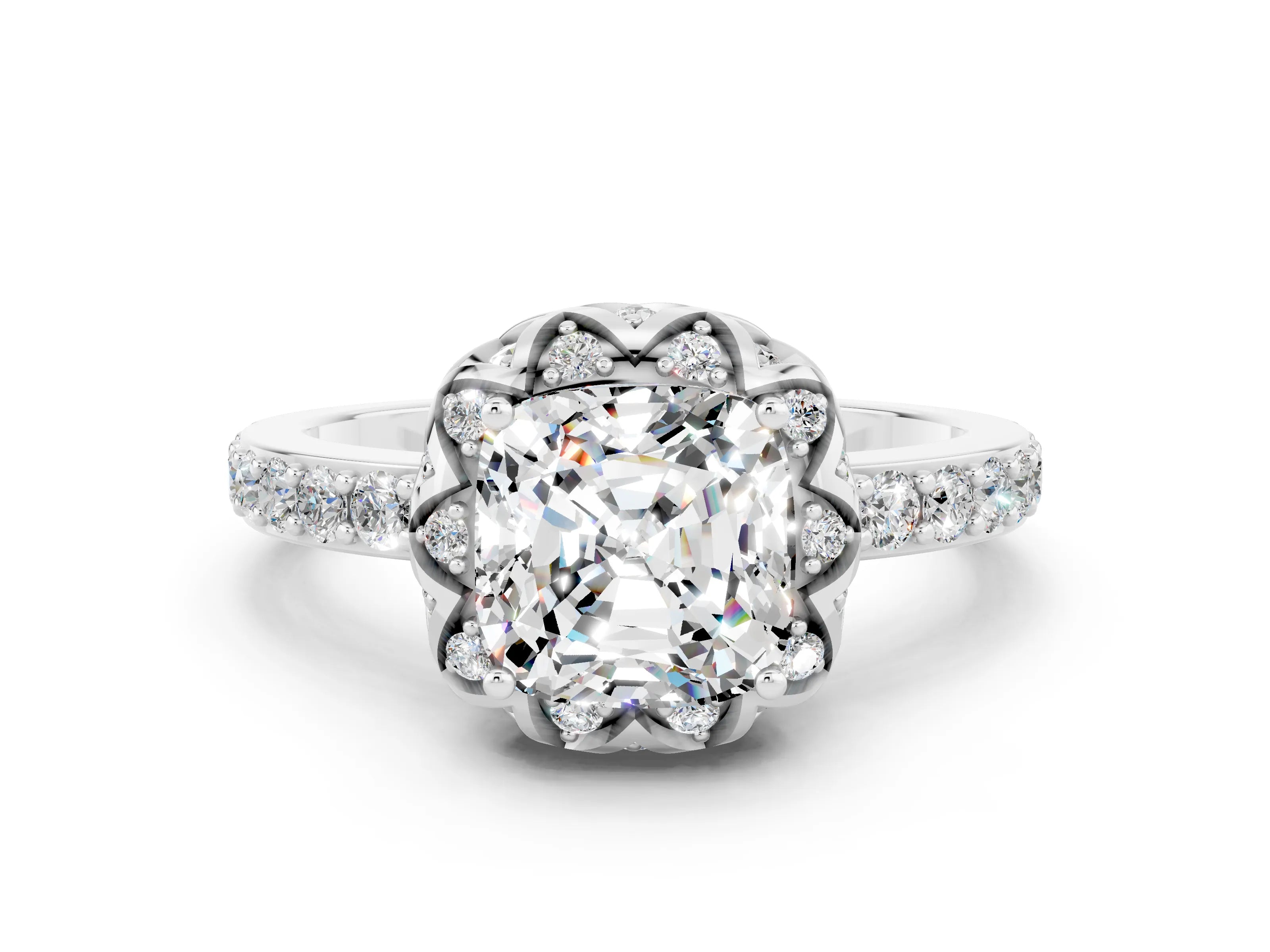 White gold Cushion Cut Diamond Solitaire Ring with Shared Prong Pavé Band