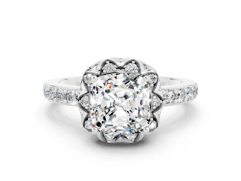 White gold Cushion Cut Diamond Solitaire Ring with Shared Prong Pavé Band