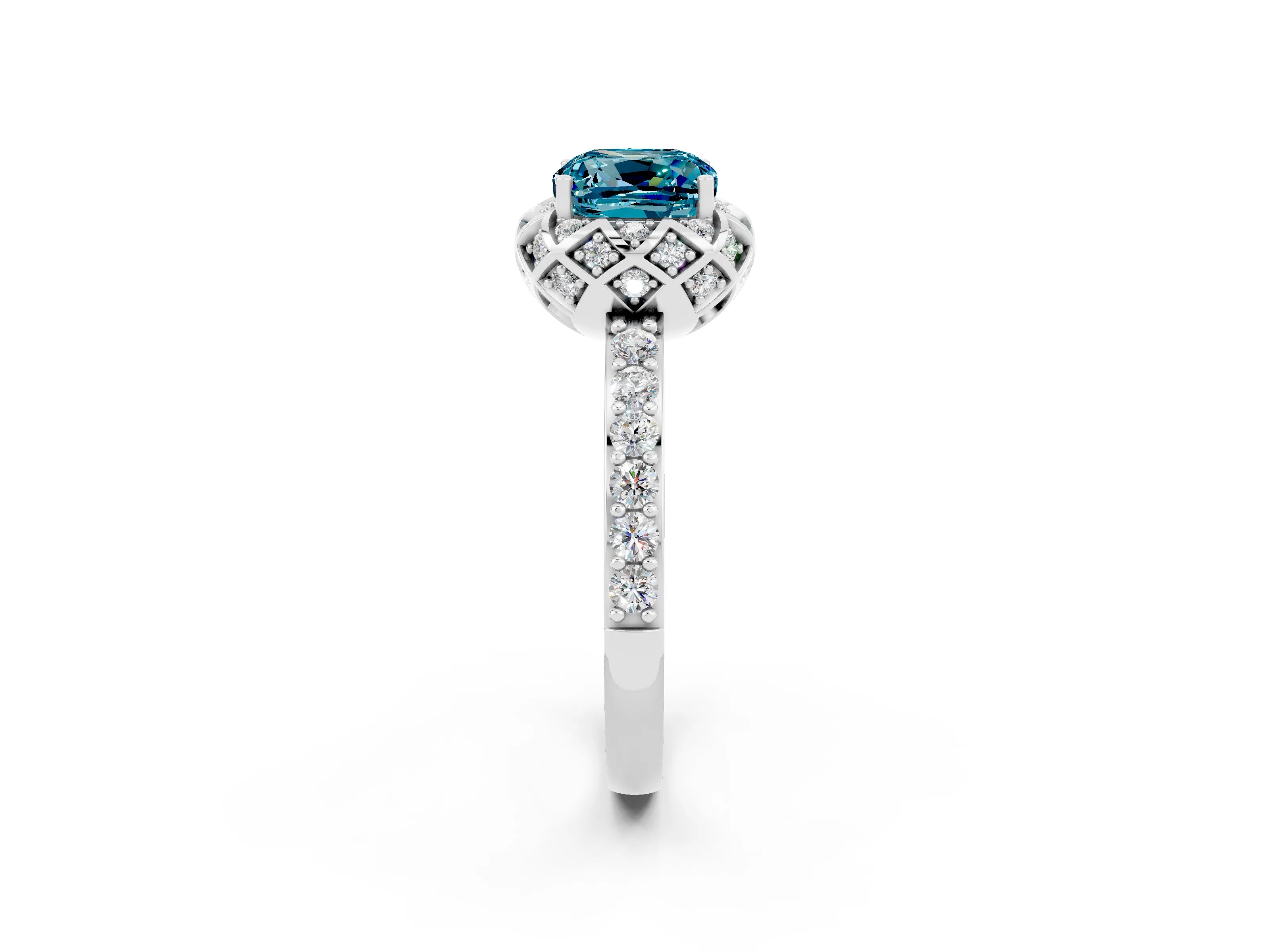 White gold Cushion Cut Diamond Solitaire Ring with Shared Prong Pavé Band_2