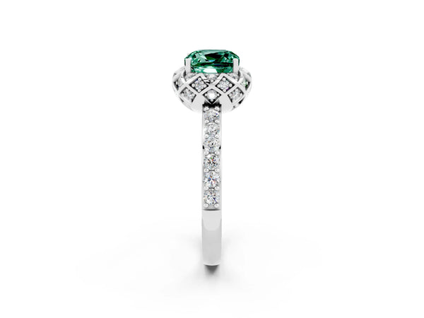 White gold Cushion Cut Green Sapphire Scalloped Halo Engagement Ring with Round Shared Prong Band