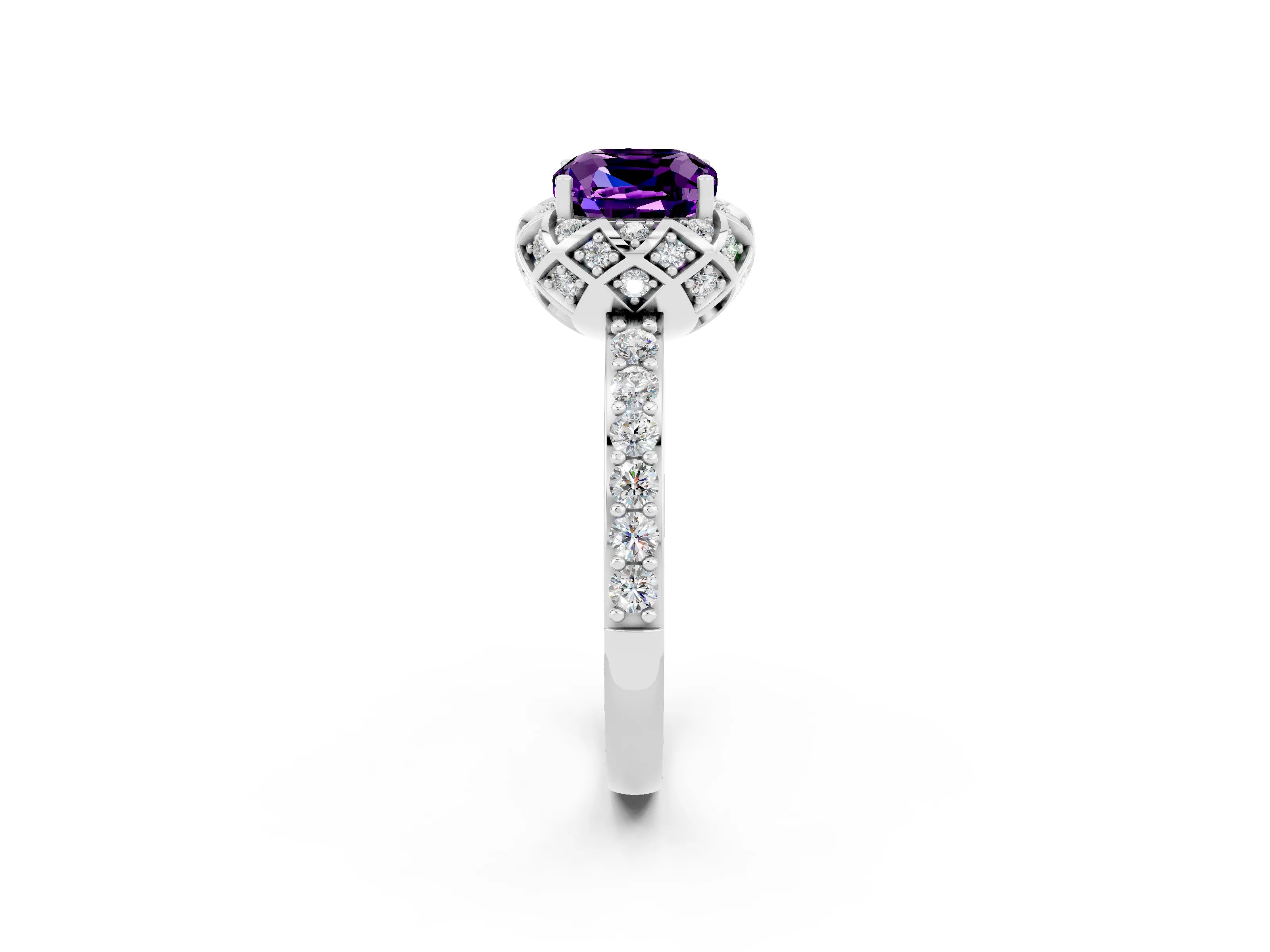 White gold Cushion Cut Diamond Solitaire Ring with Shared Prong Pavé Band_2