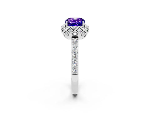 White gold Cushion Cut Diamond Solitaire Ring with Shared Prong Pavé Band_2