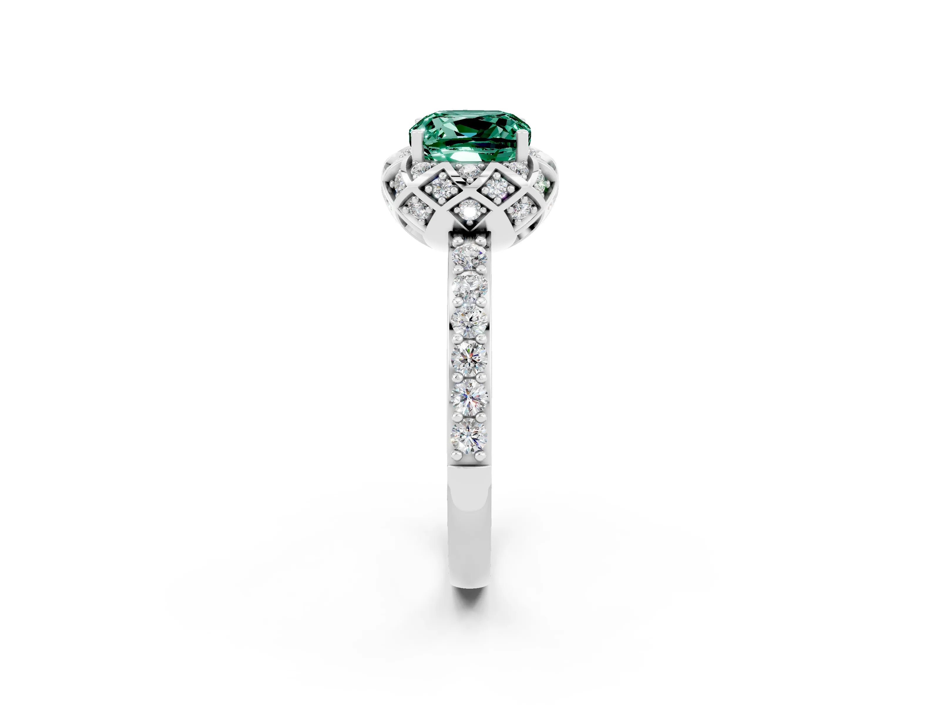White gold Cushion Cut Diamond Solitaire Ring with Shared Prong Pavé Band_2