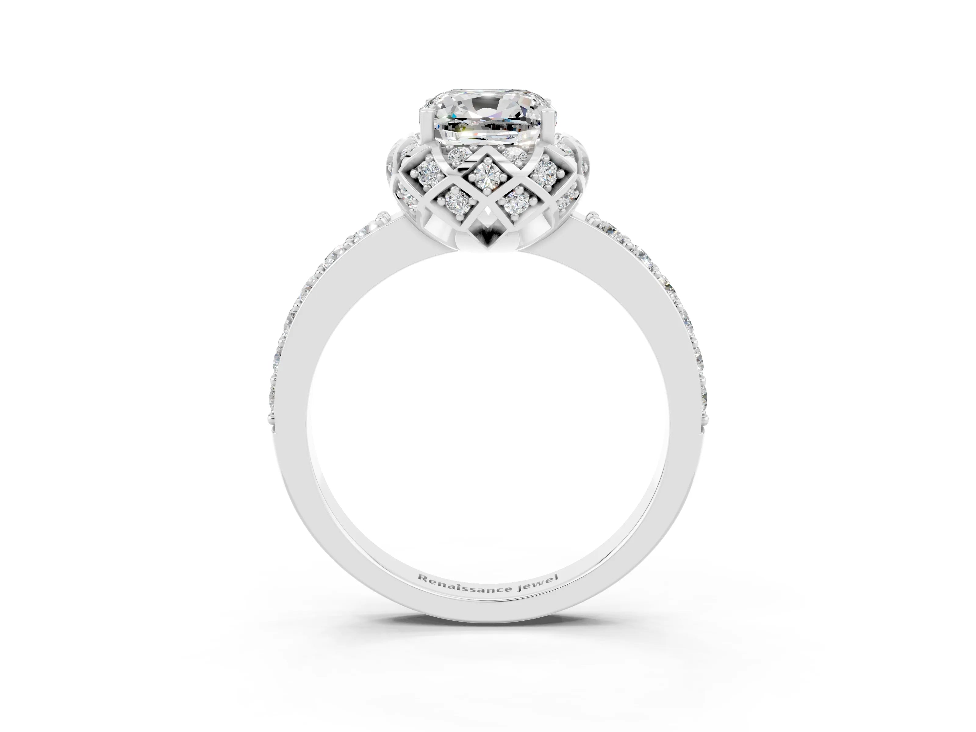 White gold Cushion Cut Diamond Solitaire Ring with Shared Prong Pavé Band_3