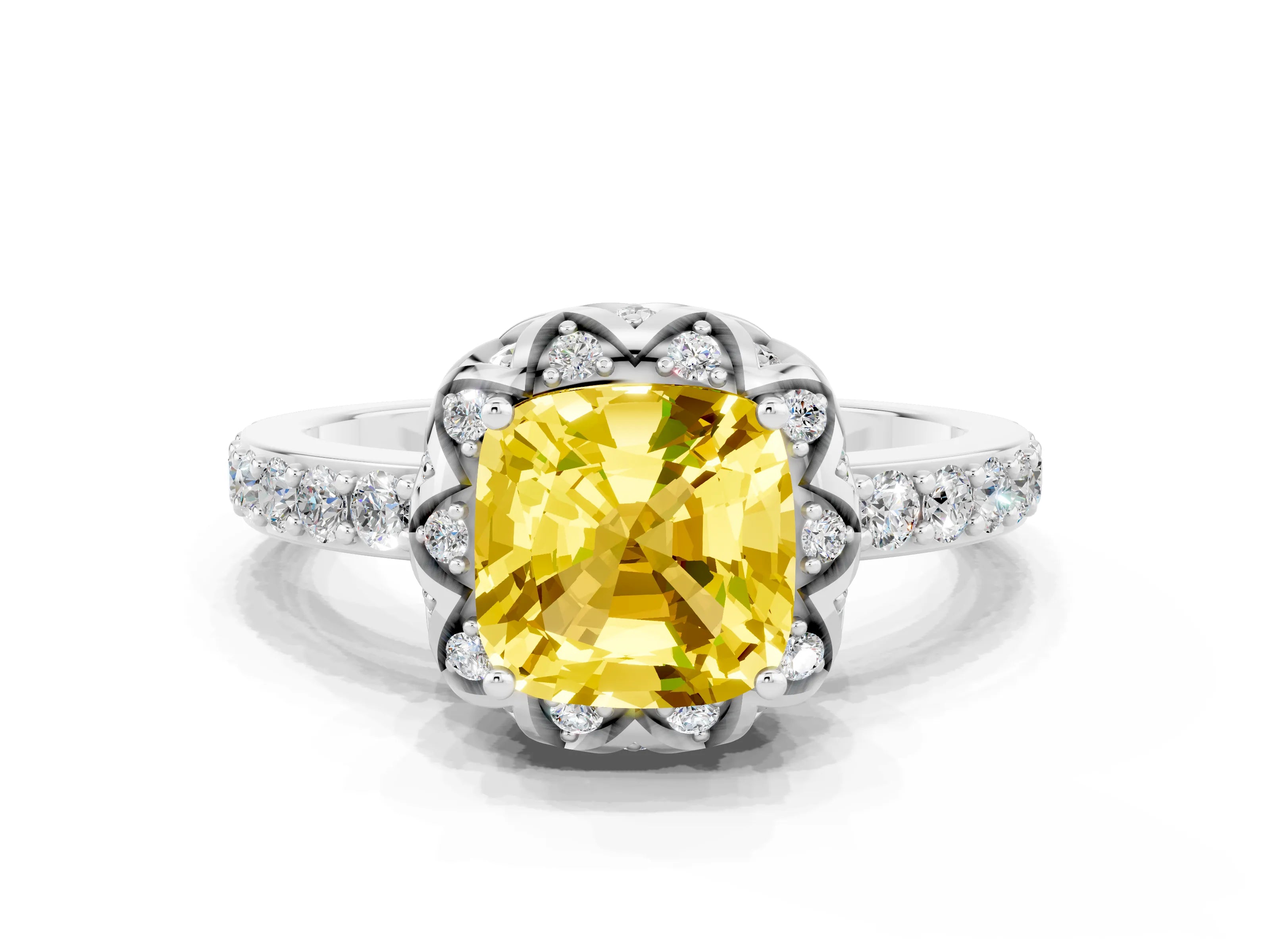 White gold Cushion Cut Diamond Solitaire Ring with Shared Prong Pavé Band