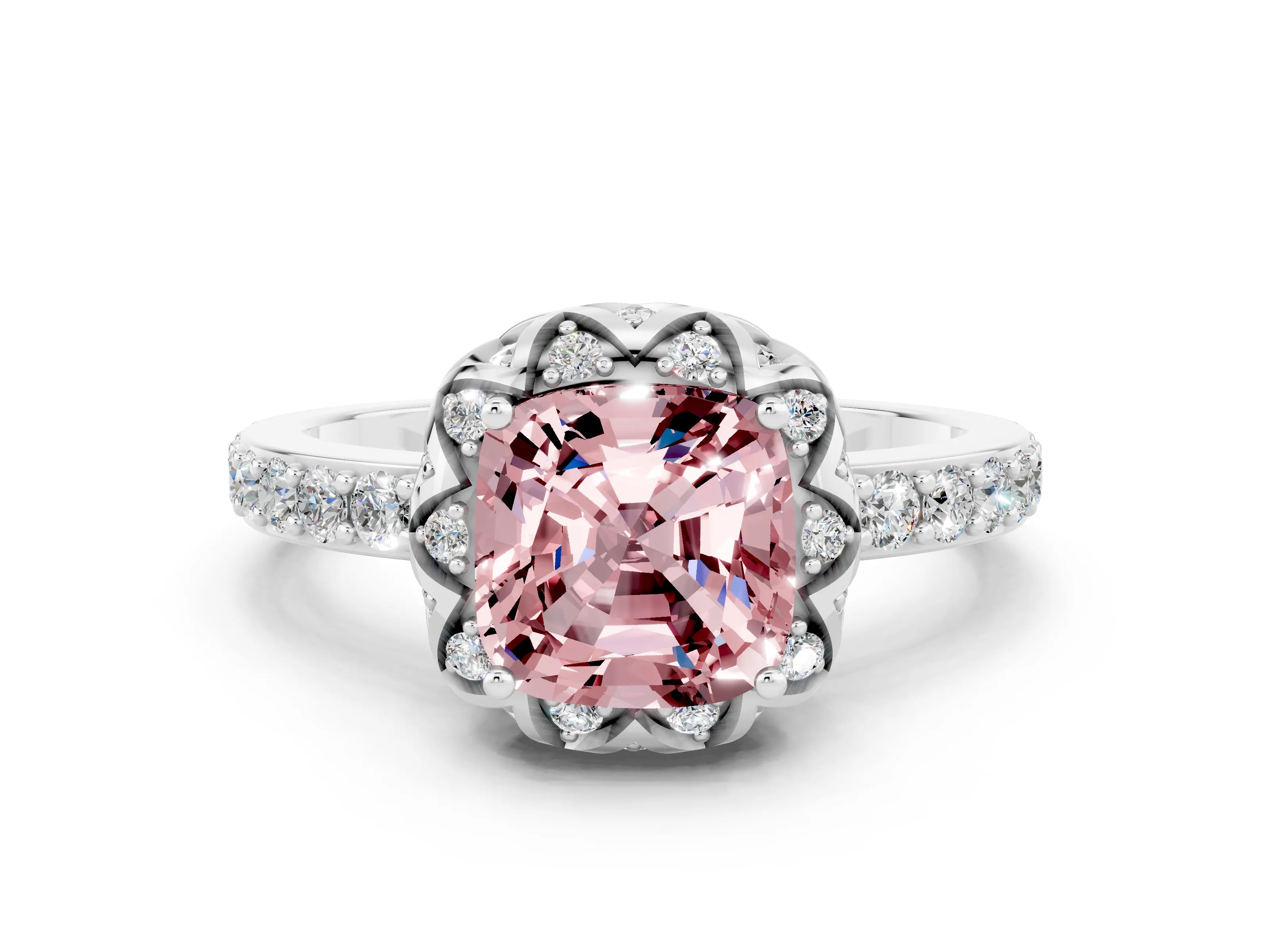 White gold Cushion Cut Diamond Solitaire Ring with Shared Prong Pavé Band