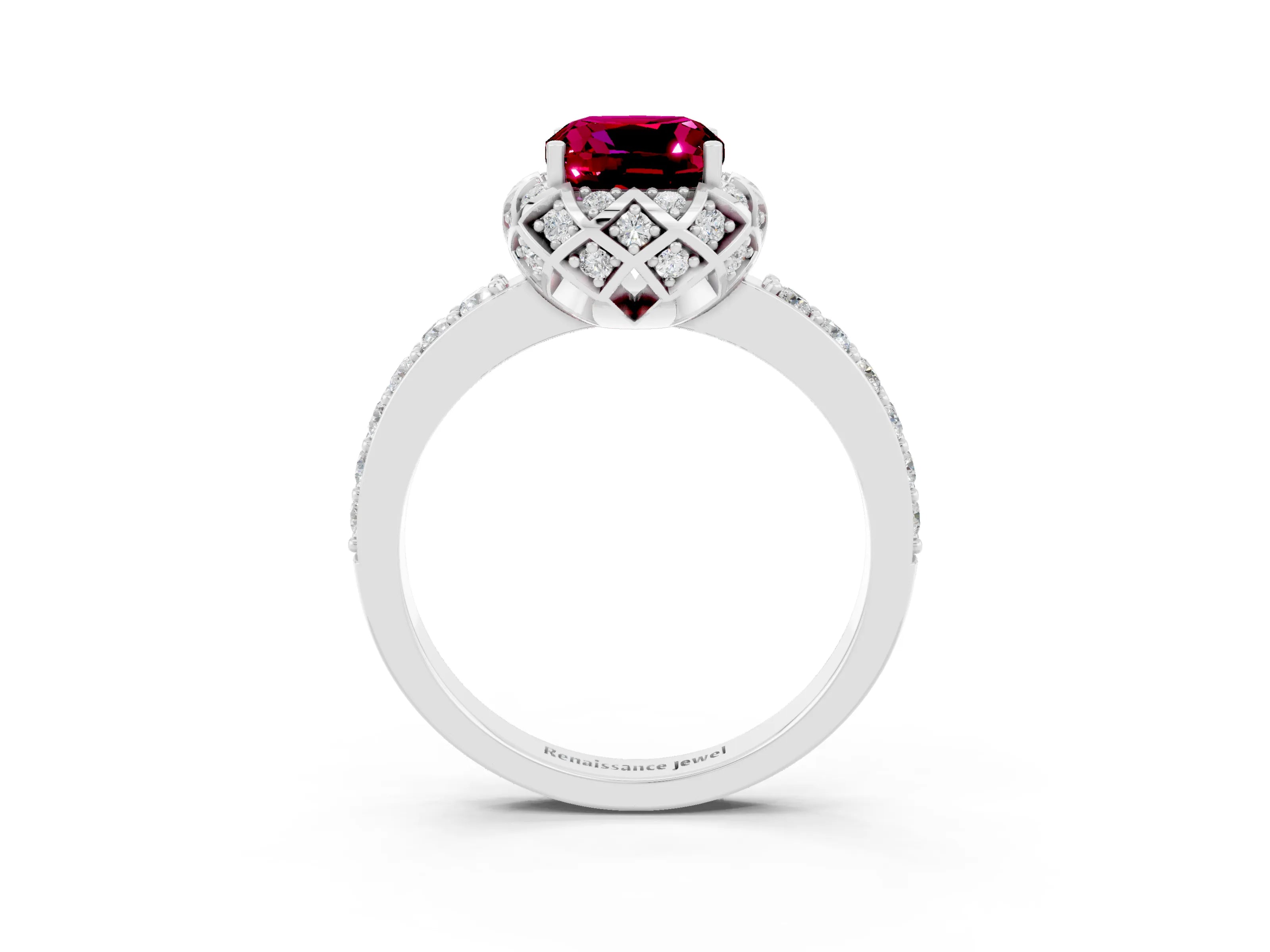 White gold Cushion Cut Diamond Solitaire Ring with Shared Prong Pavé Band_3