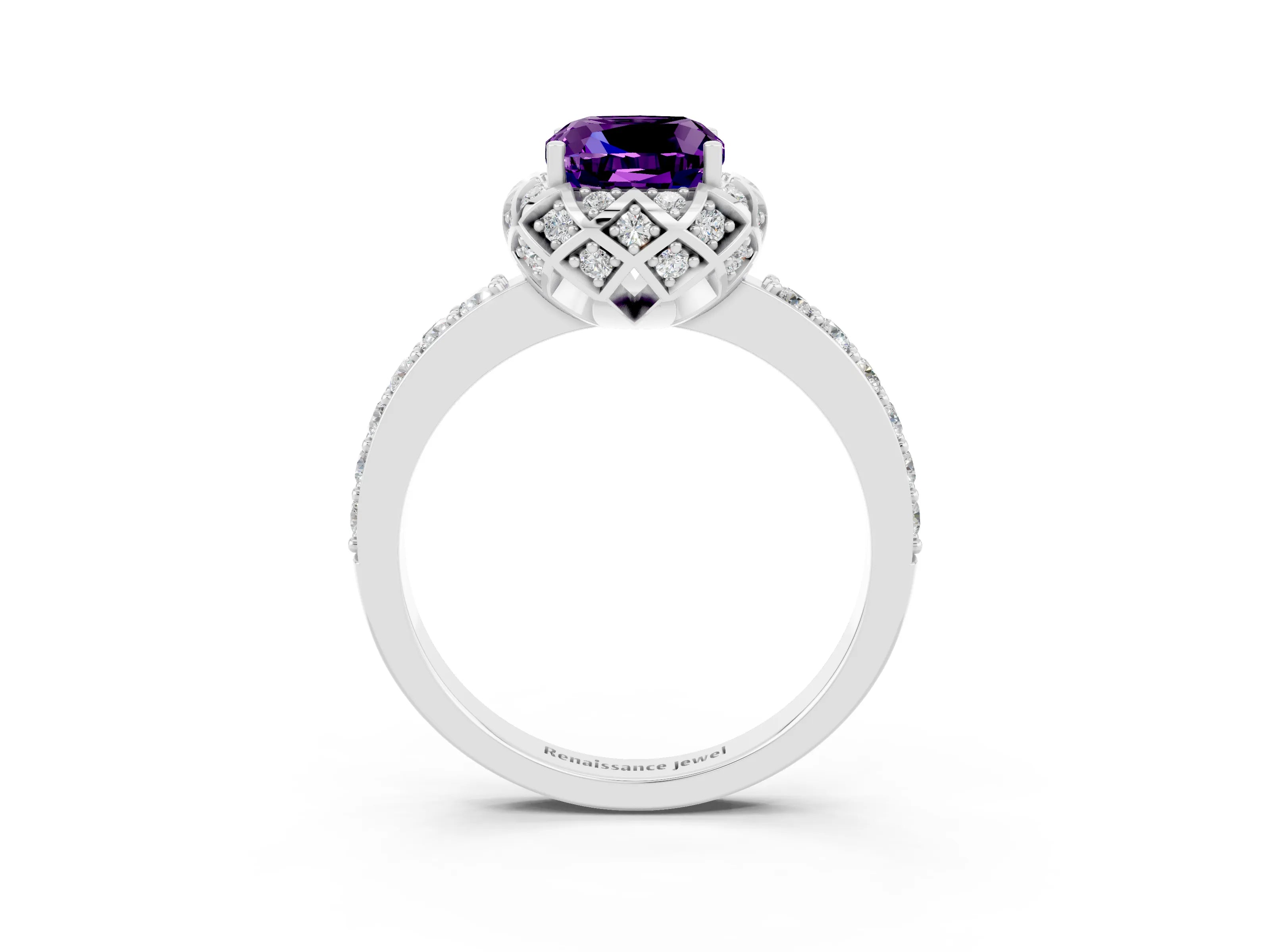 White gold Cushion Cut Diamond Solitaire Ring with Shared Prong Pavé Band_3