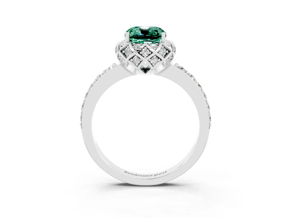 White gold Cushion Cut Green Sapphire Scalloped Halo Engagement Ring with Round Shared Prong Band
