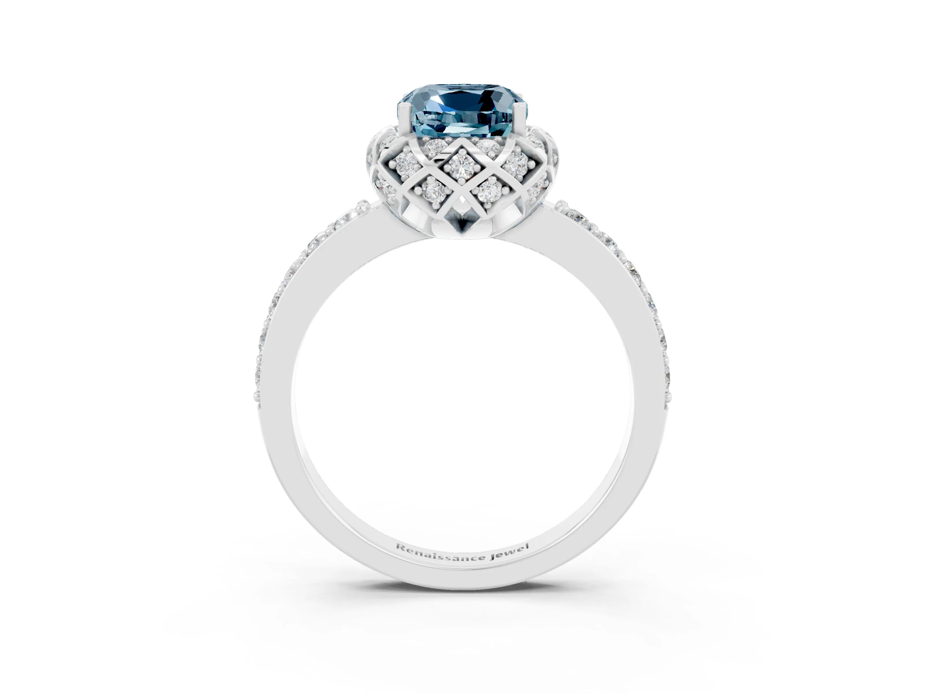White gold Cushion Cut Diamond Solitaire Ring with Shared Prong Pavé Band_3