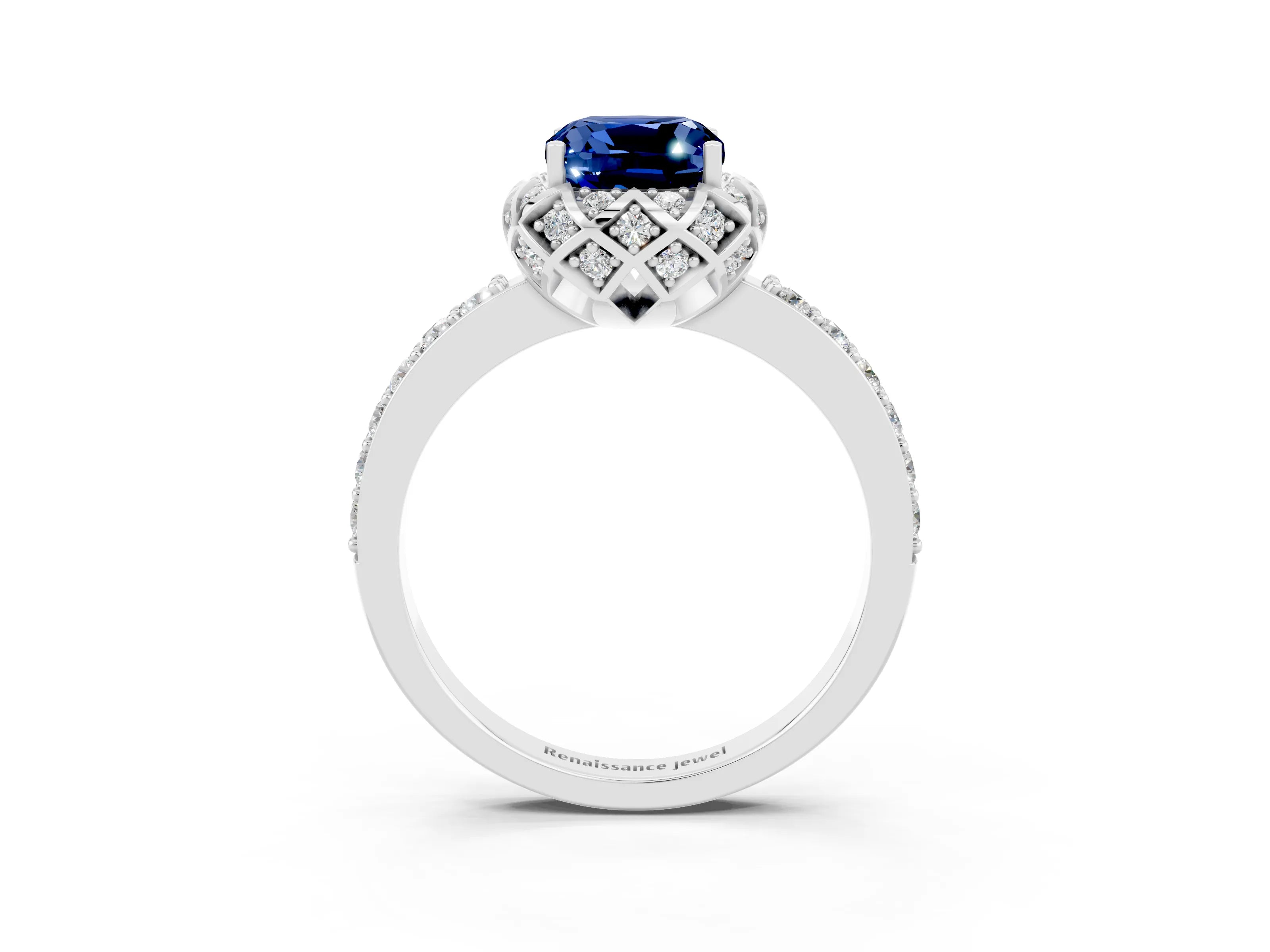 White gold Cushion Cut Diamond Solitaire Ring with Shared Prong Pavé Band_3