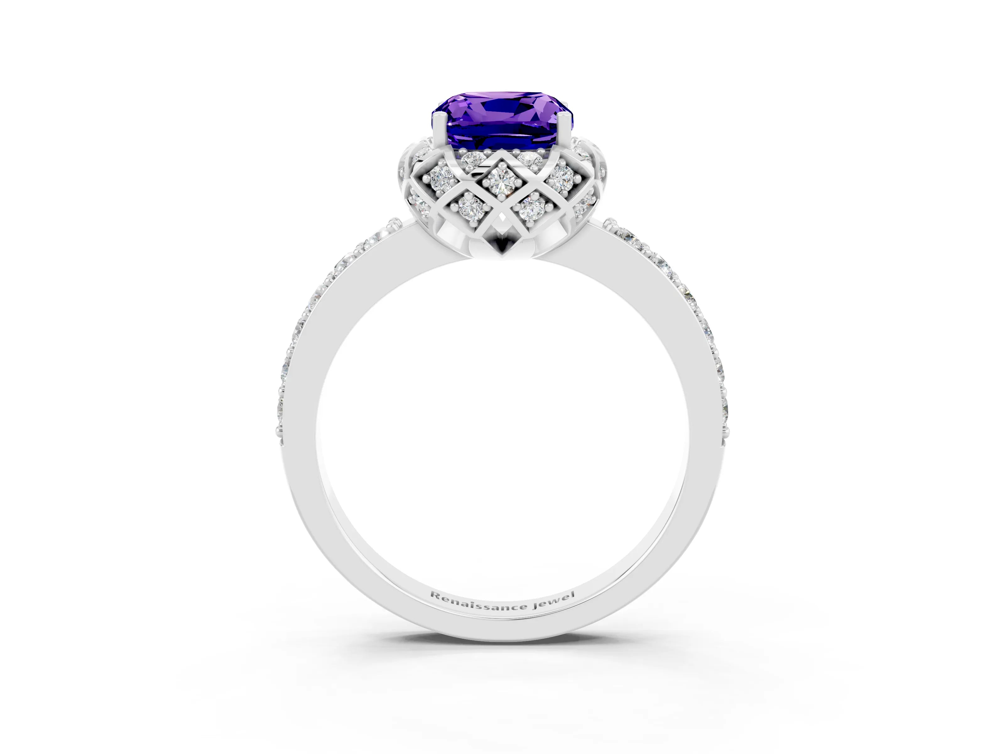White gold Cushion Cut Diamond Solitaire Ring with Shared Prong Pavé Band_3