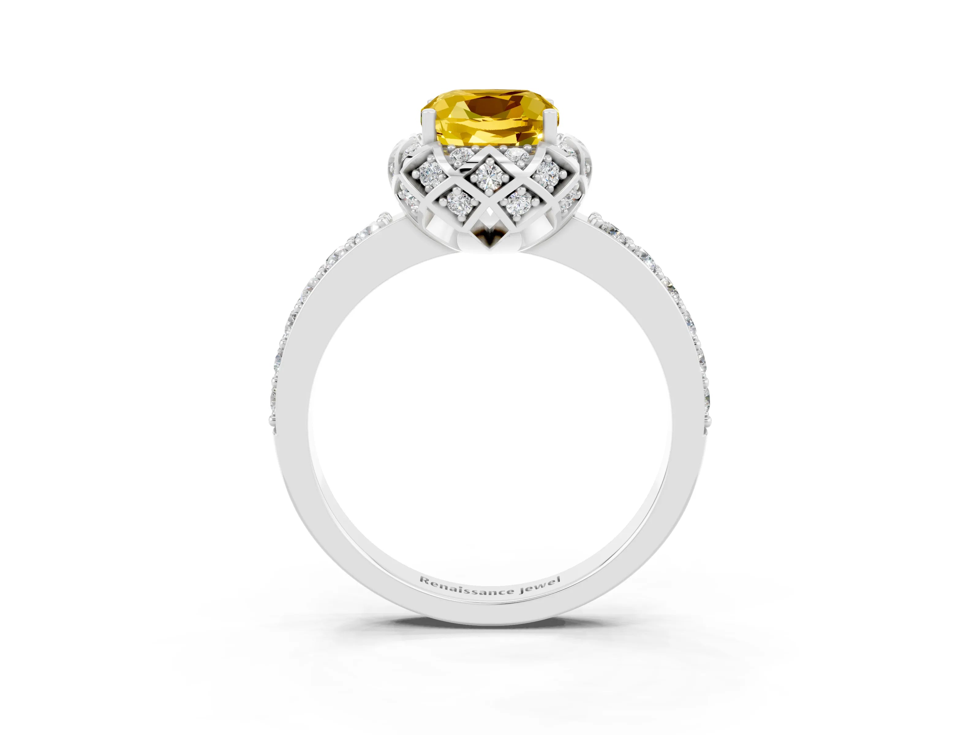 White gold Cushion Cut Diamond Solitaire Ring with Shared Prong Pavé Band_3