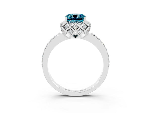 Silver Cushion Cut Diamond Solitaire Ring with Shared Prong Pavé Band