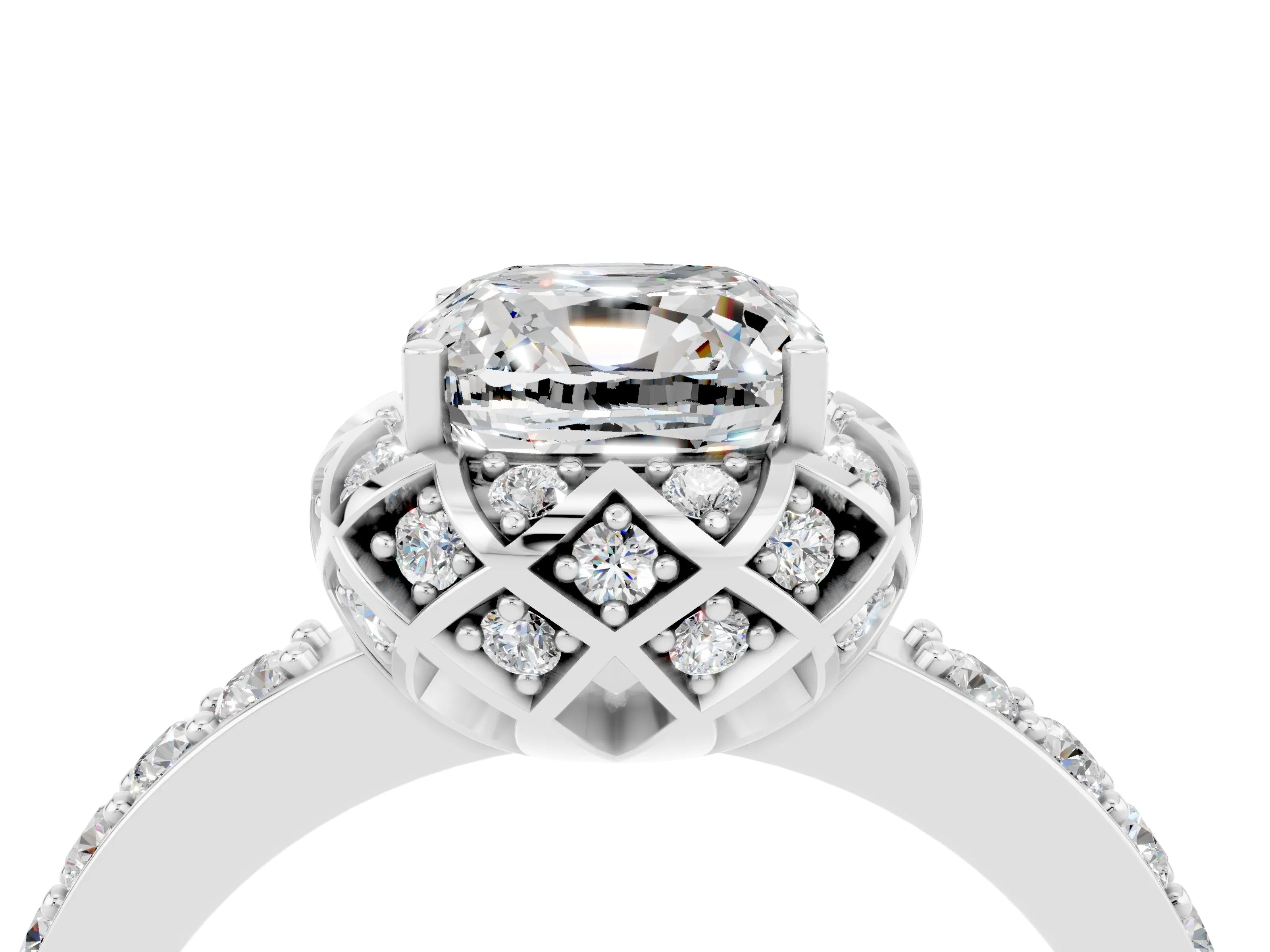 White gold Cushion Cut Diamond Solitaire Ring with Shared Prong Pavé Band_4