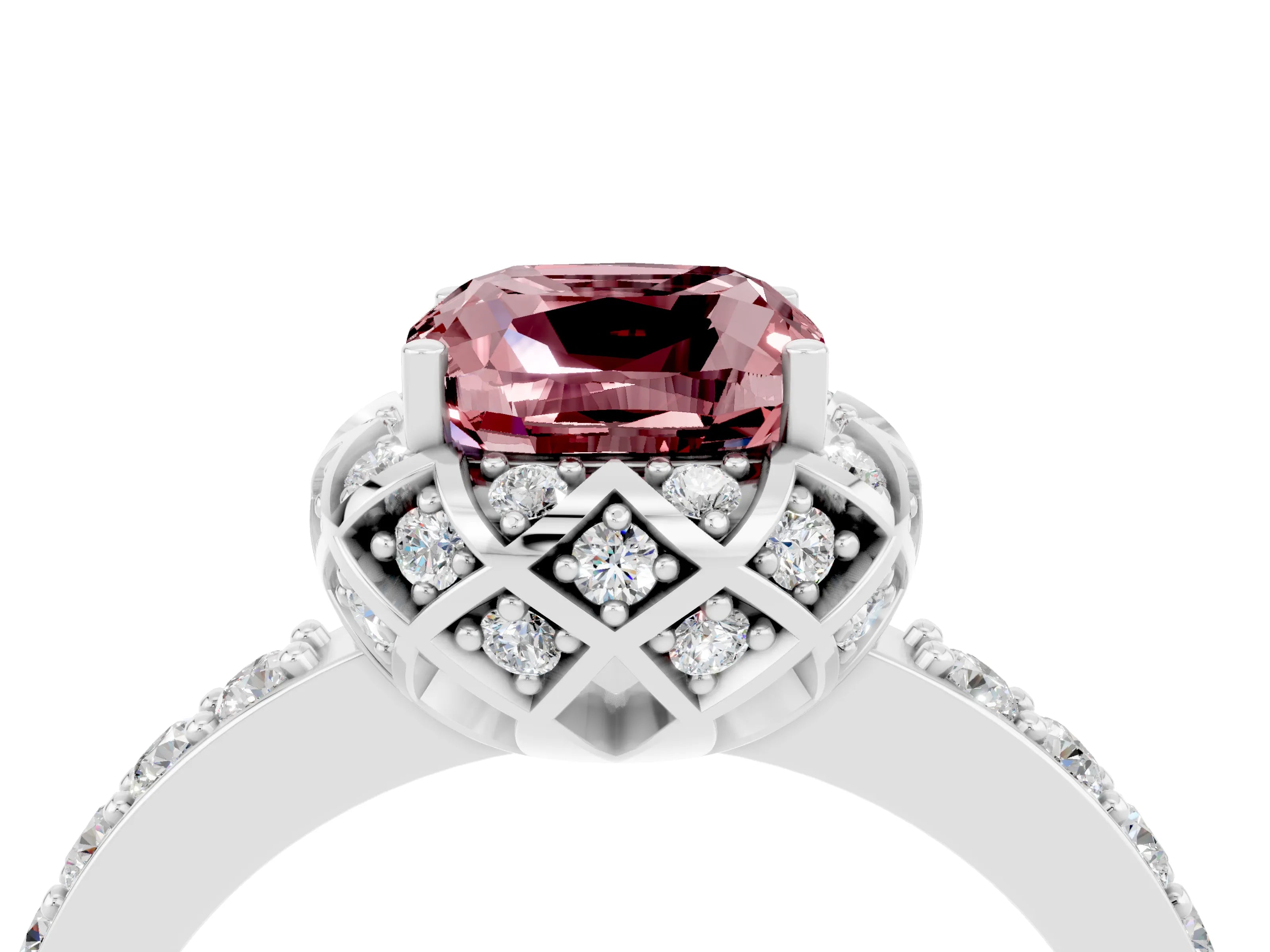 White gold Cushion Cut Diamond Solitaire Ring with Shared Prong Pavé Band_4