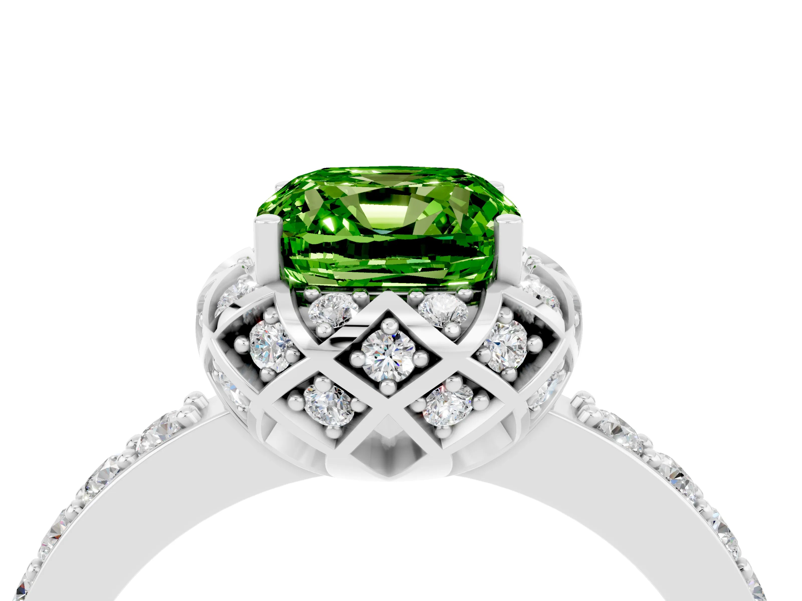 White gold Cushion Cut Diamond Solitaire Ring with Shared Prong Pavé Band_4