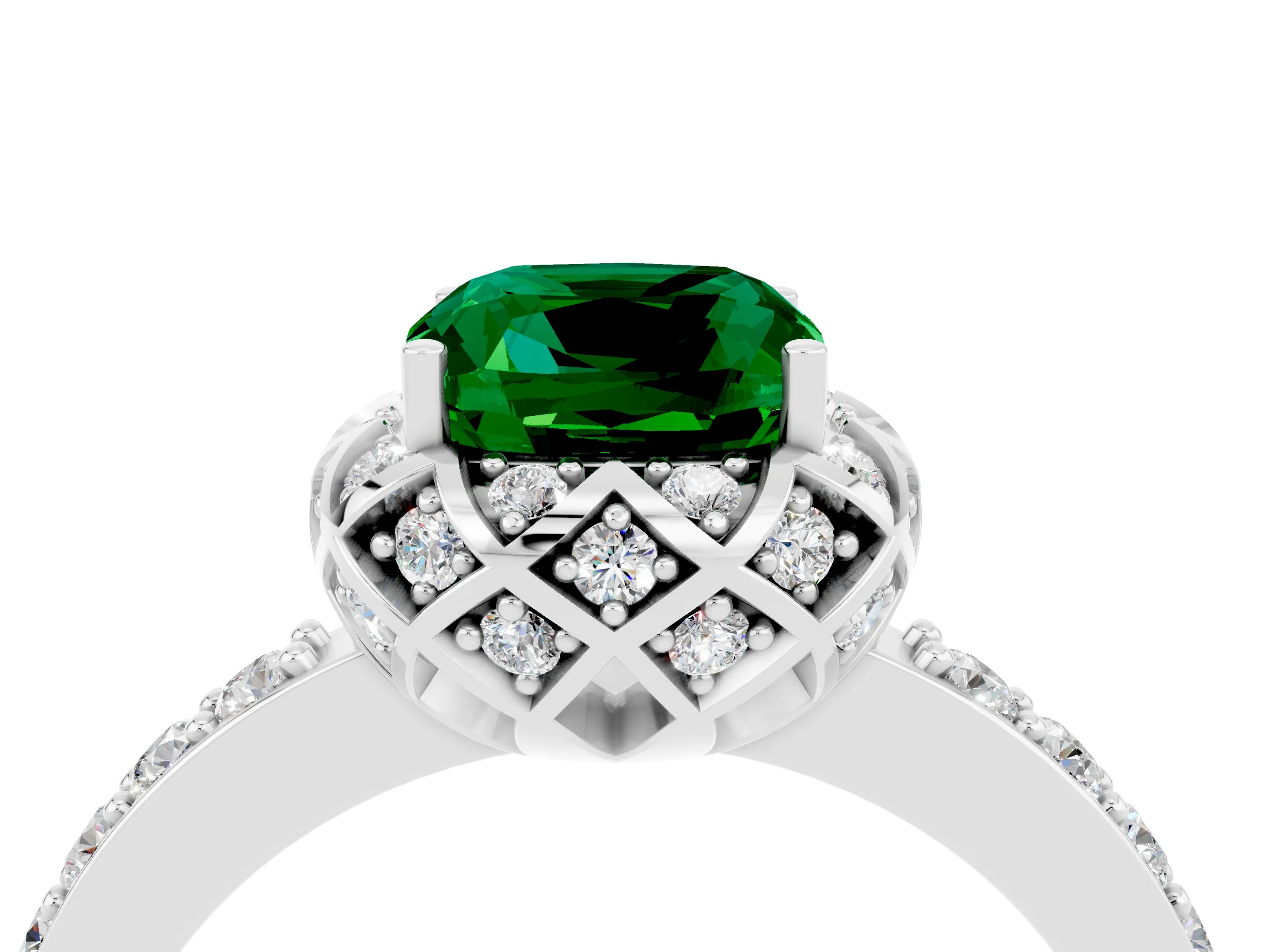 White gold Cushion Cut Diamond Solitaire Ring with Shared Prong Pavé Band_4
