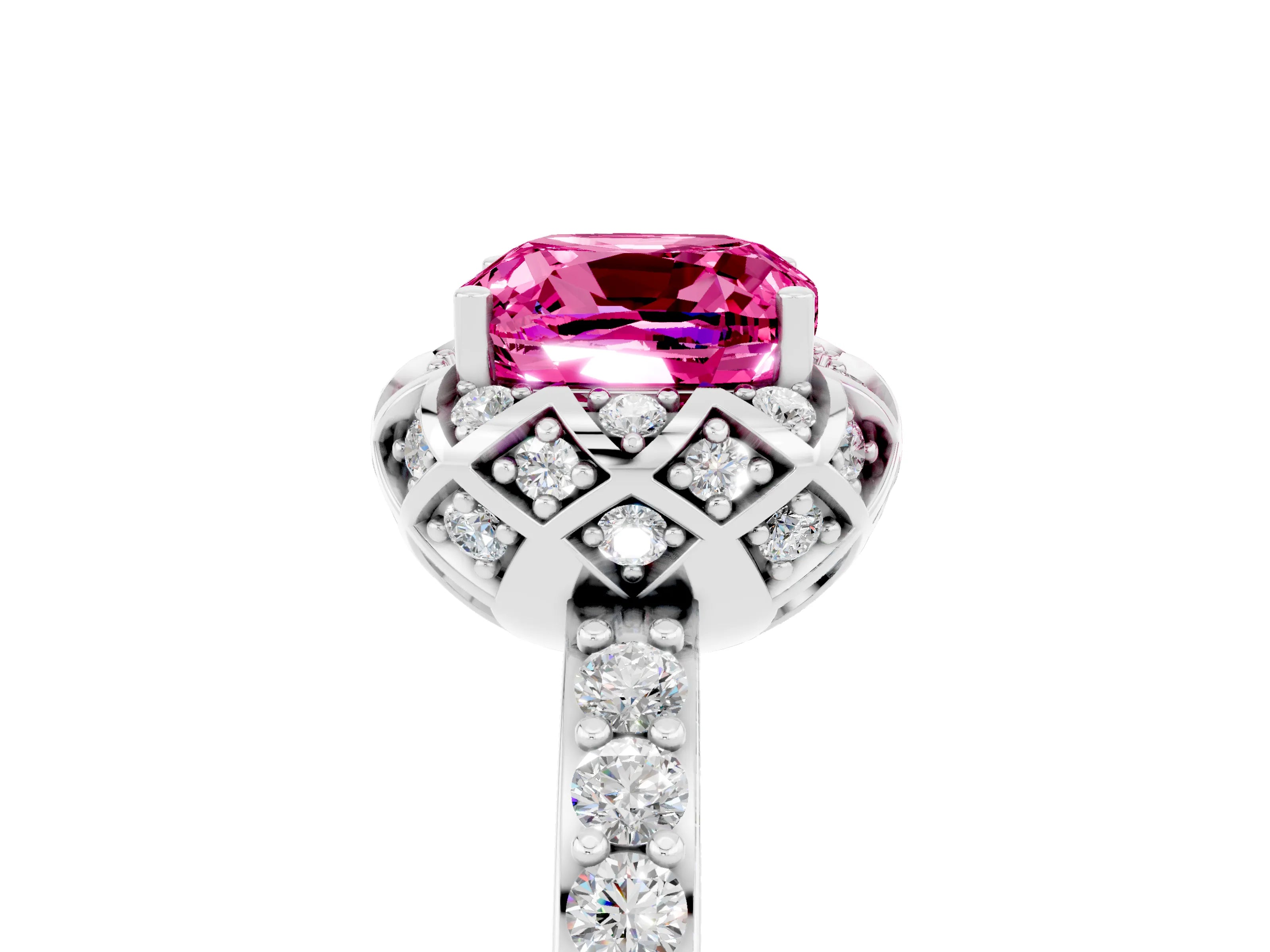 White gold Cushion Cut Diamond Solitaire Ring with Shared Prong Pavé Band_5