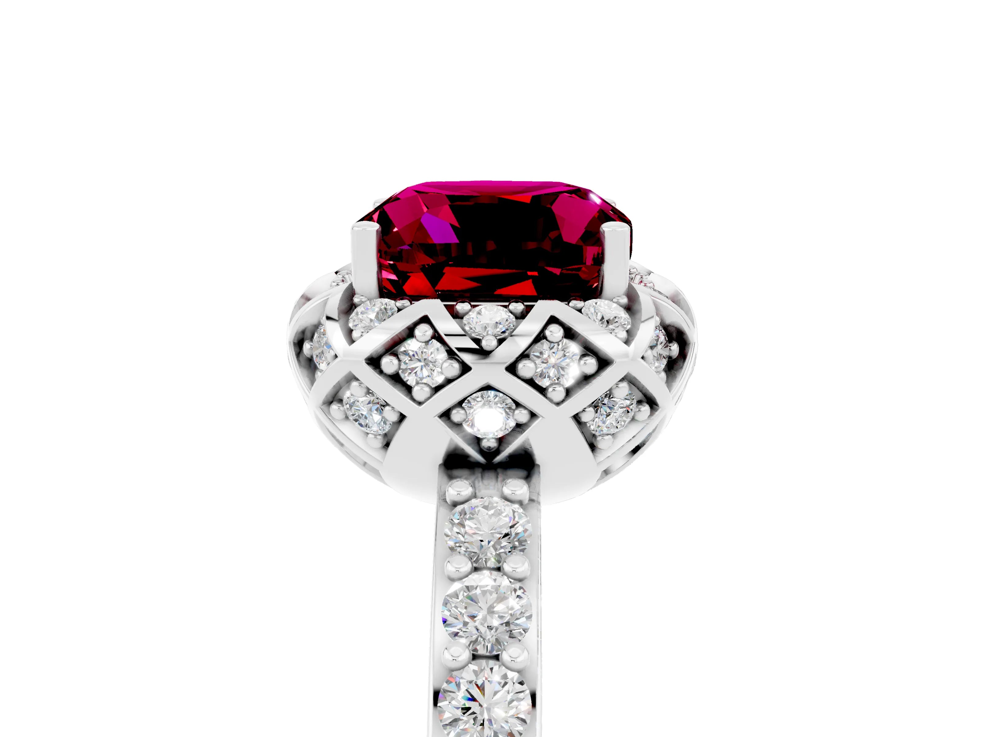 White gold Cushion Cut Diamond Solitaire Ring with Shared Prong Pavé Band_5