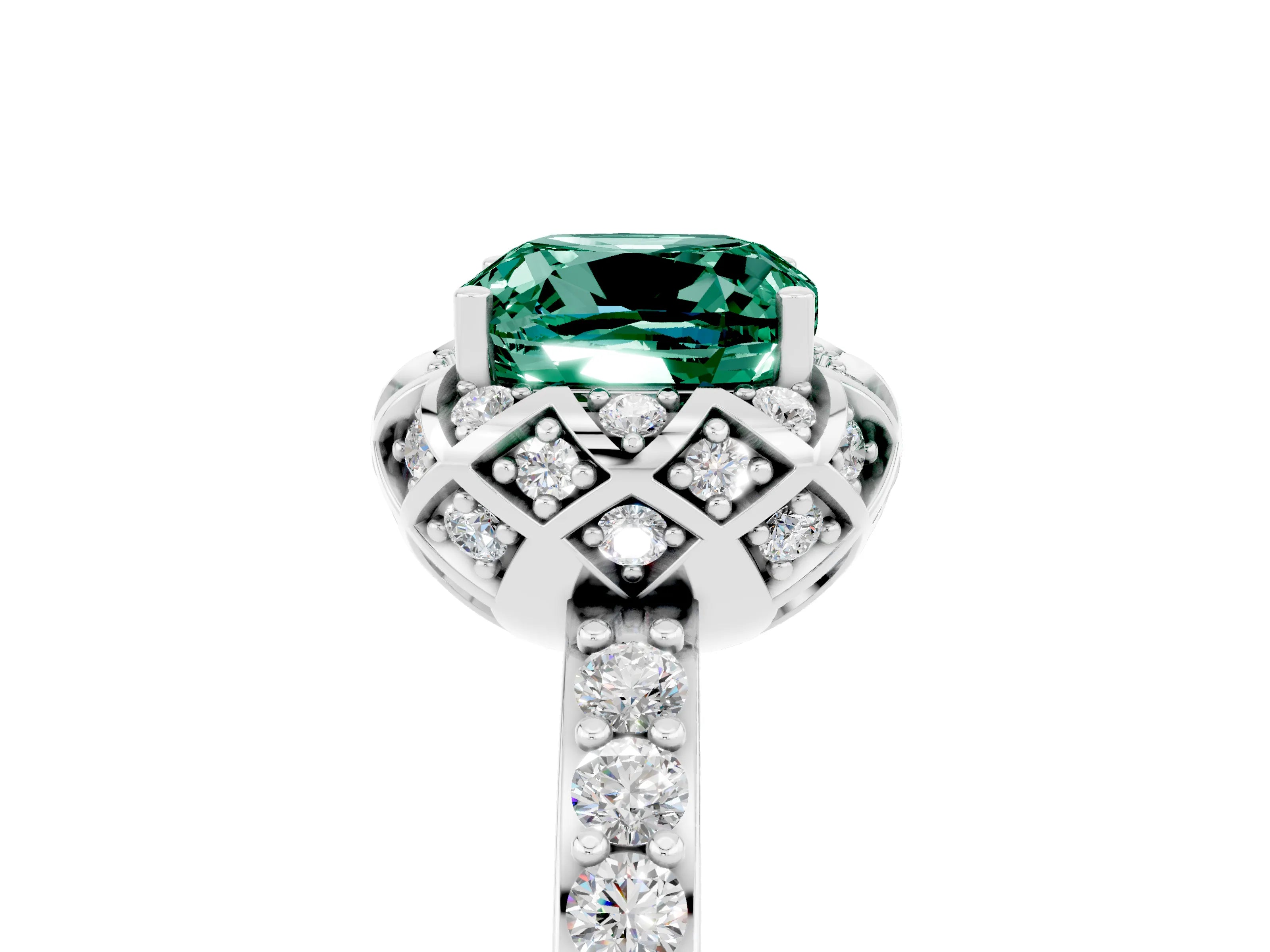 White gold Cushion Cut Diamond Solitaire Ring with Shared Prong Pavé Band_5