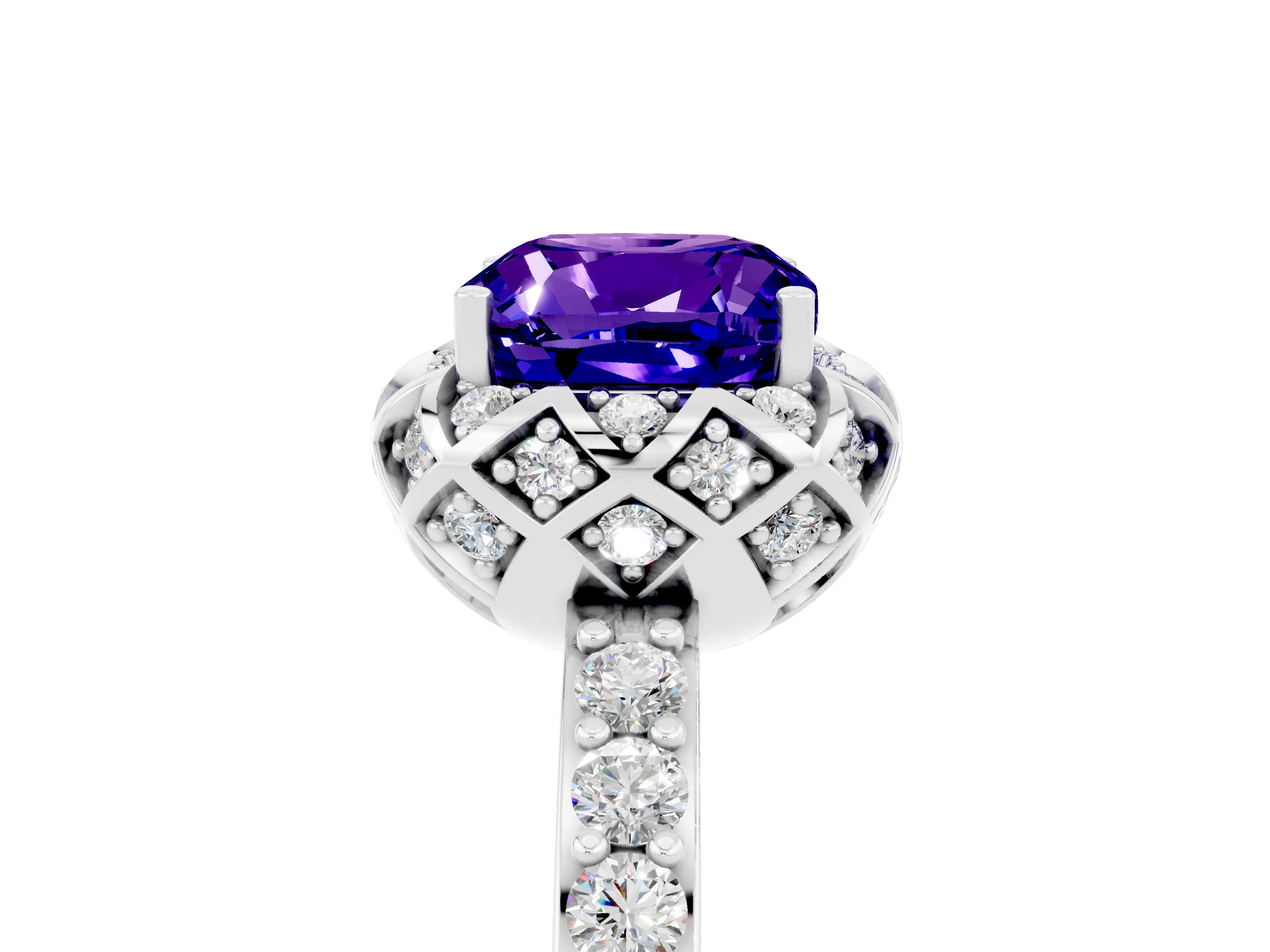 White gold Cushion Cut Diamond Solitaire Ring with Shared Prong Pavé Band_5