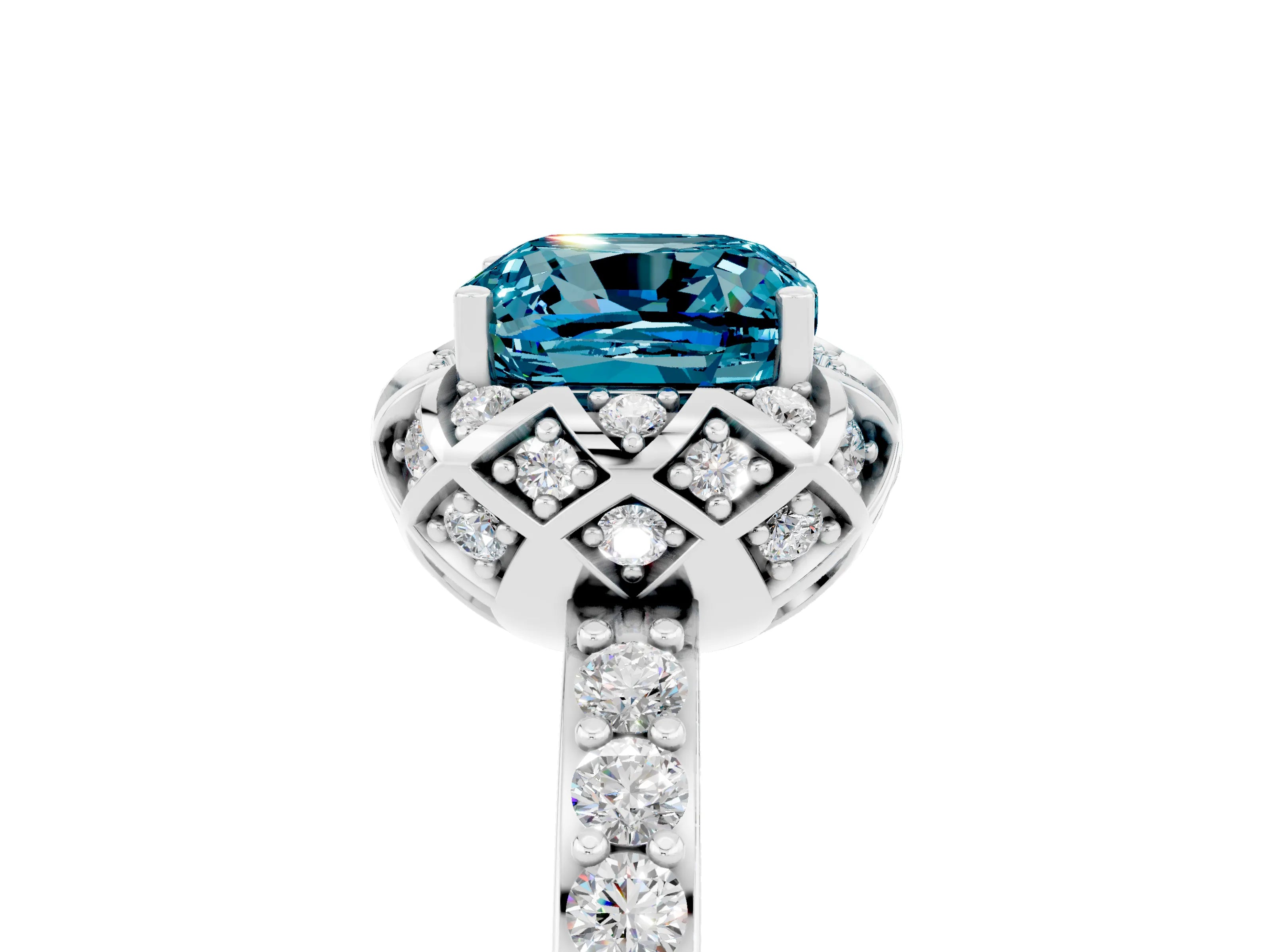 White gold Cushion Cut Diamond Solitaire Ring with Shared Prong Pavé Band_5