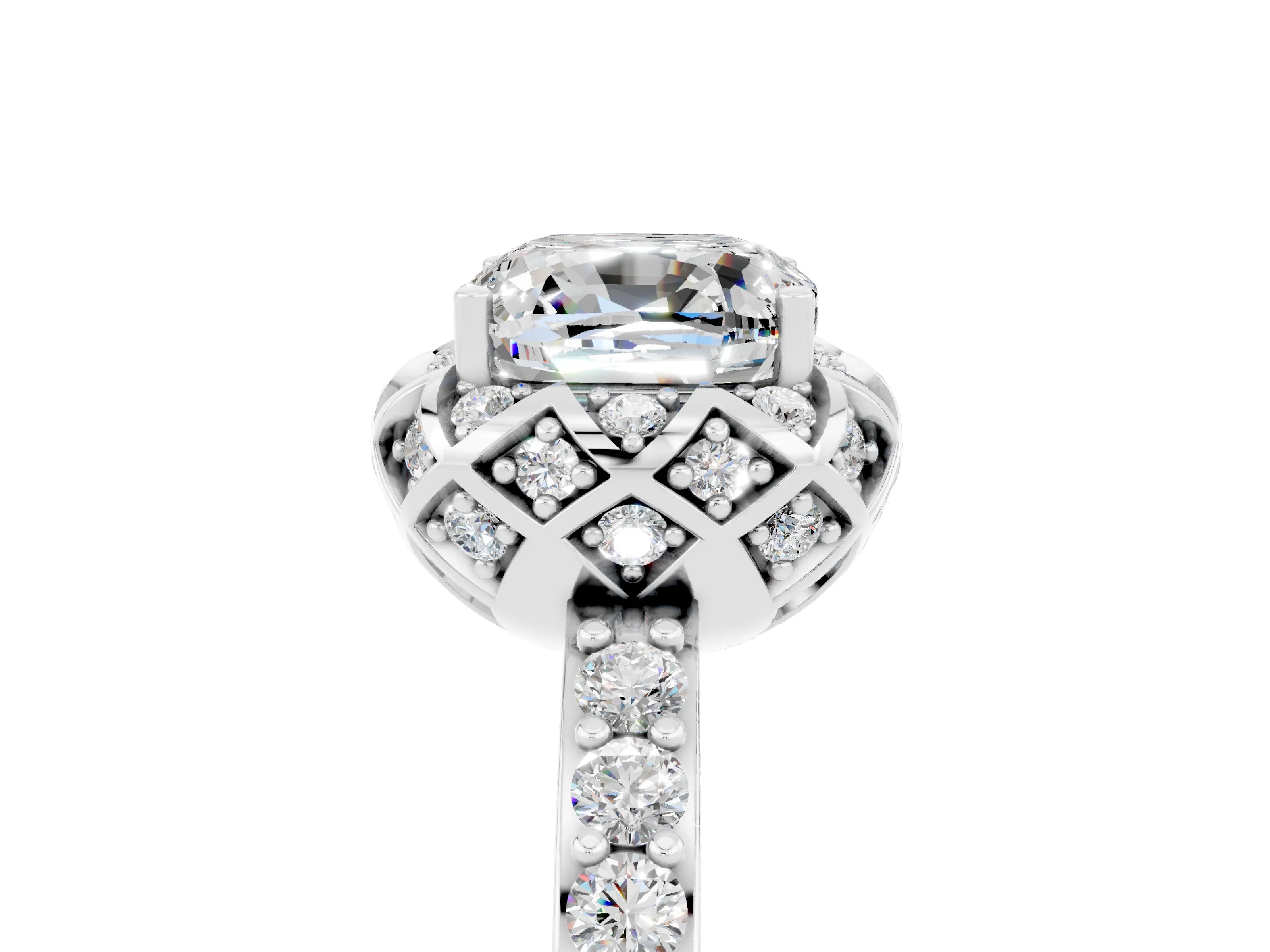 White gold Cushion Cut Diamond Solitaire Ring with Shared Prong Pavé Band_5