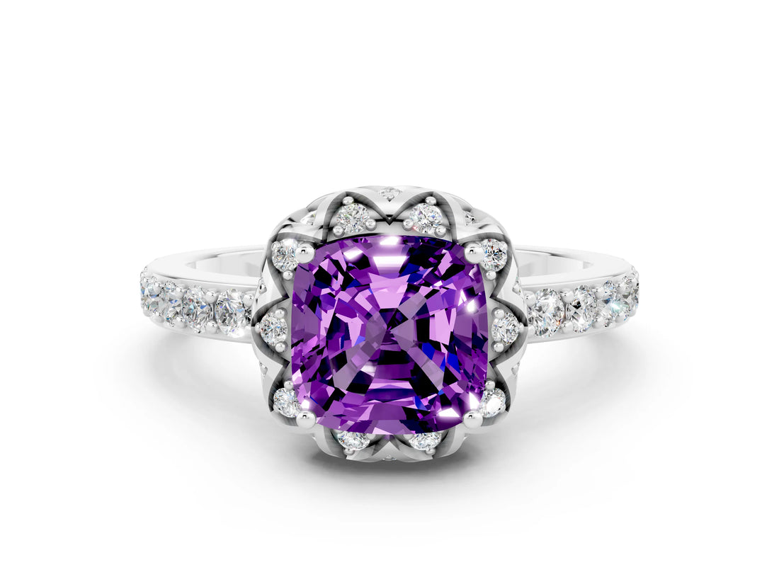 White gold Cushion Cut Diamond Solitaire Ring with Shared Prong Pavé Band