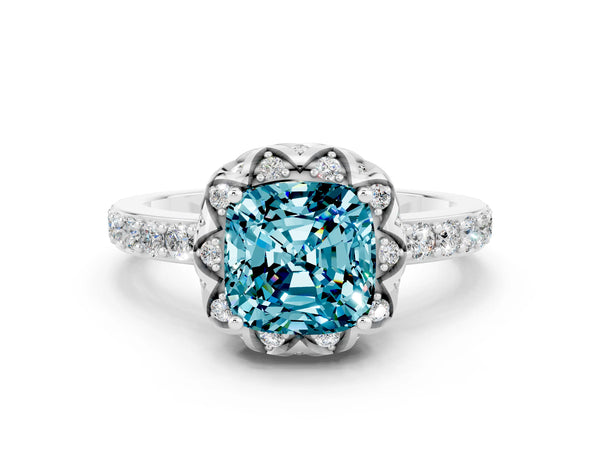 Silver Cushion Cut Diamond Solitaire Ring with Shared Prong Pavé Band